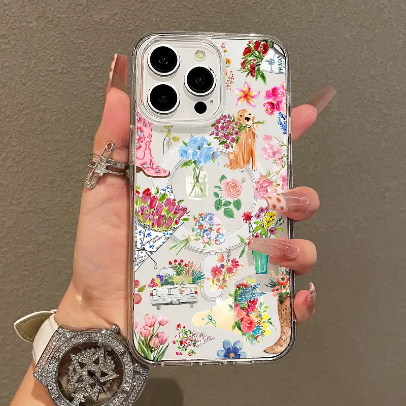 TPU Transparent Protective Smartphone Casing for Phone 13-17 Series (11,12 Incl.; Pro, Pro Max, Standard), MagSafe-Compatible, Shockproof, Ultra-Slim, Lightweight Cover for Handheld Cellphone Devices with Trendy Floral & Puppy Patterns