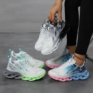 Women's Large Size Breathable Mesh Running Shoes - Shock Absorption Soft Sole Sports Shoes, White/Gray and Blue-Pink Gradient, Lace-Up Low-Top Design, Suitable for Casual Travel, Sizes 5.5-13