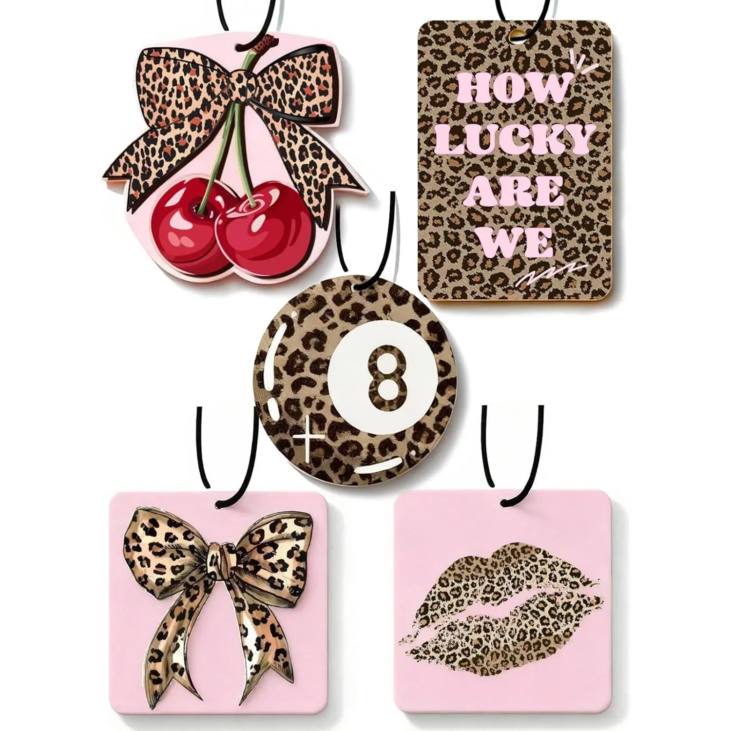 Women's 5-Piece Leopard Print Car Air Freshener Bows - C-Leopard Decorative Hanging Scents, Automotive Interior Mirror Accessories for Cars, Teen Girls
