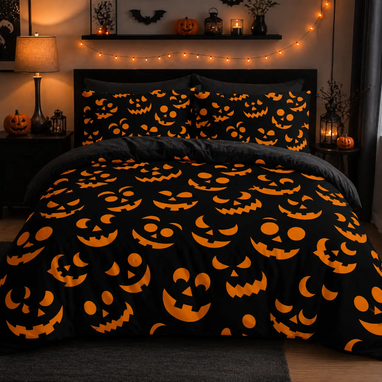 Halloween Sheet Set Queen - Black Cat Pumpkin Bedding 4 Piece, Soft [Material] Bed Sheets with Deep Pocket Fitted Sheet, 2 Pillowcases Flat Sheet, Spooky Cute Bedroom Decor for Women