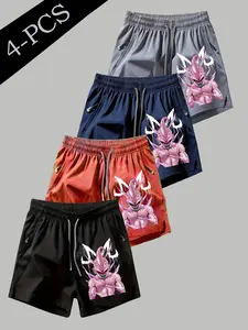 4-Piece American Anime Shorts Set, Casual Slim Shorts, Anti-Trendy Fashion, Dragon Ball Fan Favorite, Form Print, Quick-Dry Breathable Fabric, Unisex