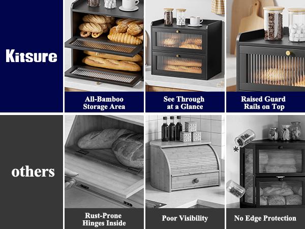 Bamboo Bread Box, Double Layer Bread Storage Box for Kitchen Counter, Large Capacity Bread Bin, Black