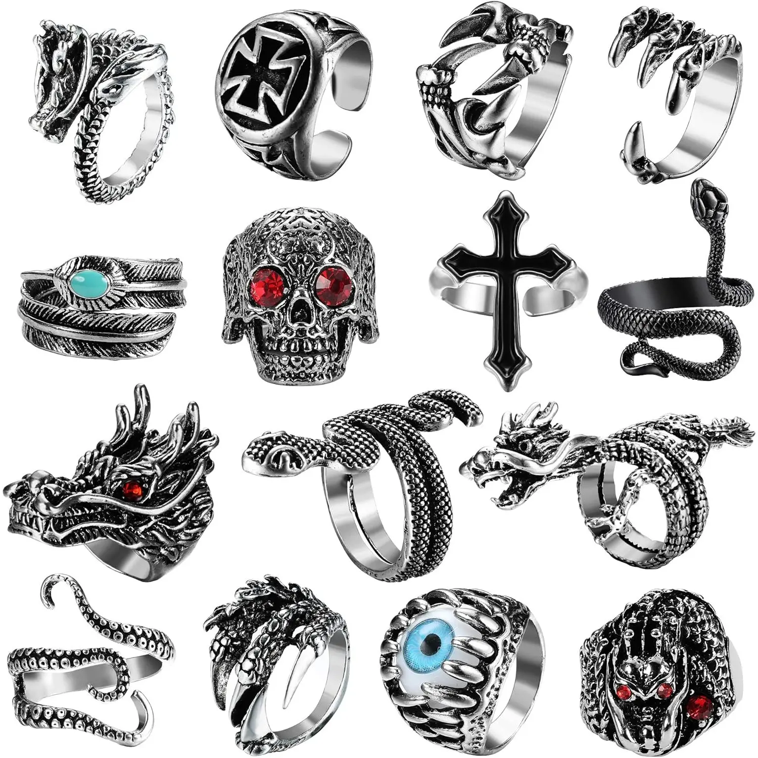 Punk Style Ring Set, 15-Piece Vintage Gothic Jewelry with Adjustable Open Snake & Dragon Bands for Men & Women, Stackable Rings, Collectibles, Dark Fantasy Aesthetic, Party Wear, Alloy Metal, Enhances Your Overall Styling