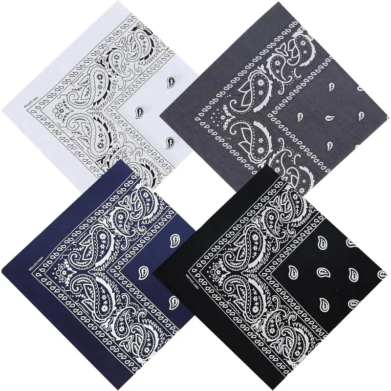 4pcs Polyester Ethnic Style Bandanas - 21.25in Large Square, Casual Vintage Party Accessory with Hairwraps, Denim Ties, Eco-Friendly Dyes Paisley Print, Soft & Durable Fabric, Machine Washable, Fits Most People's Heads, Includes Tying Guide