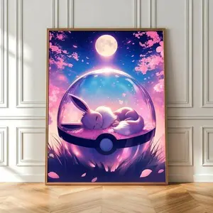 Cute Eevee Sleeping Poster, Japanese Style, Legendary Pokeball Art, Unframed Wall Art, Bedroom Decor