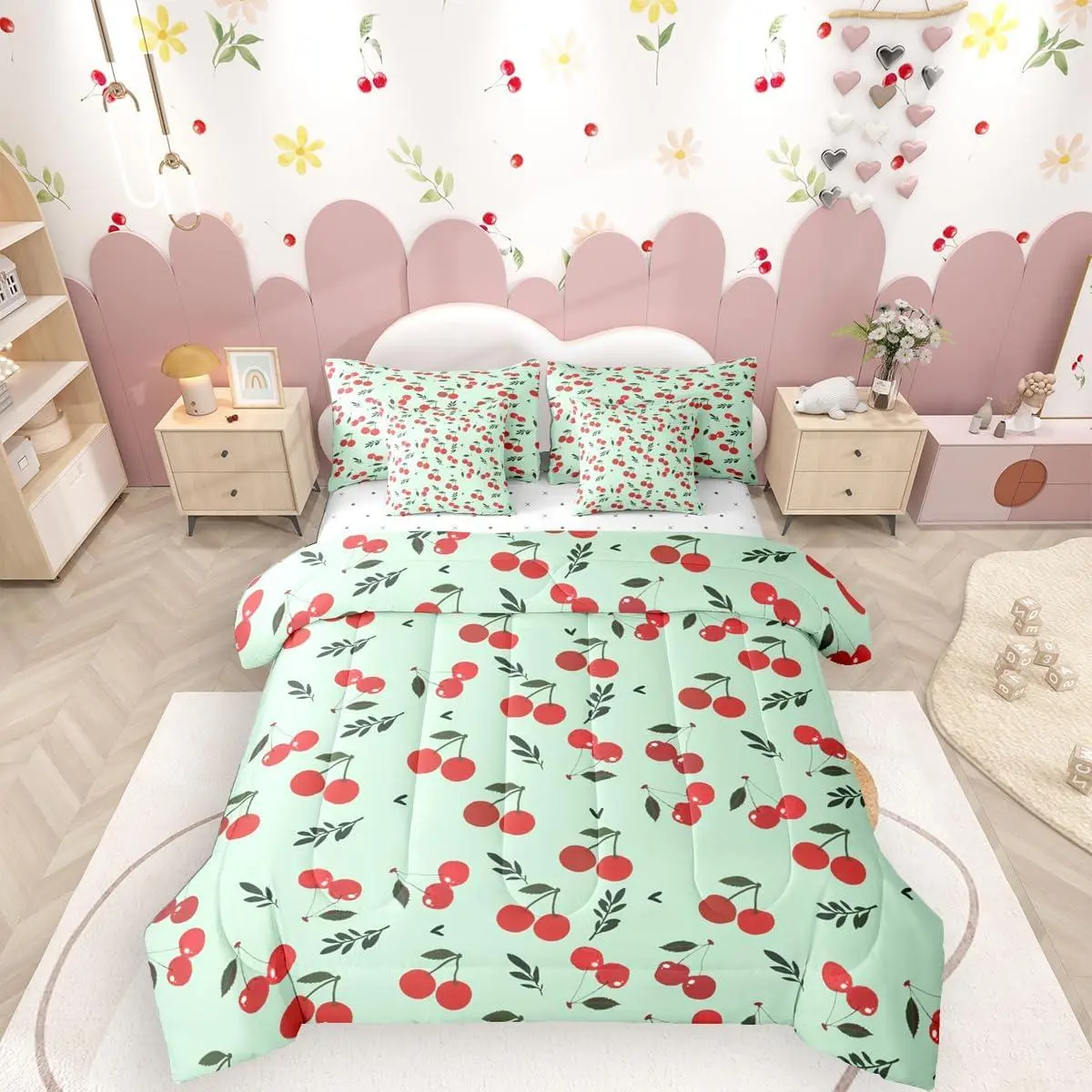 Cherry Bedding Sets Cute Fruit Comforter Set 7 Piece Bed in A Bag,Red Sweet Cherries Comforter and Sheets Preppy Aesthetic Kawaii Bed Set,Green Red