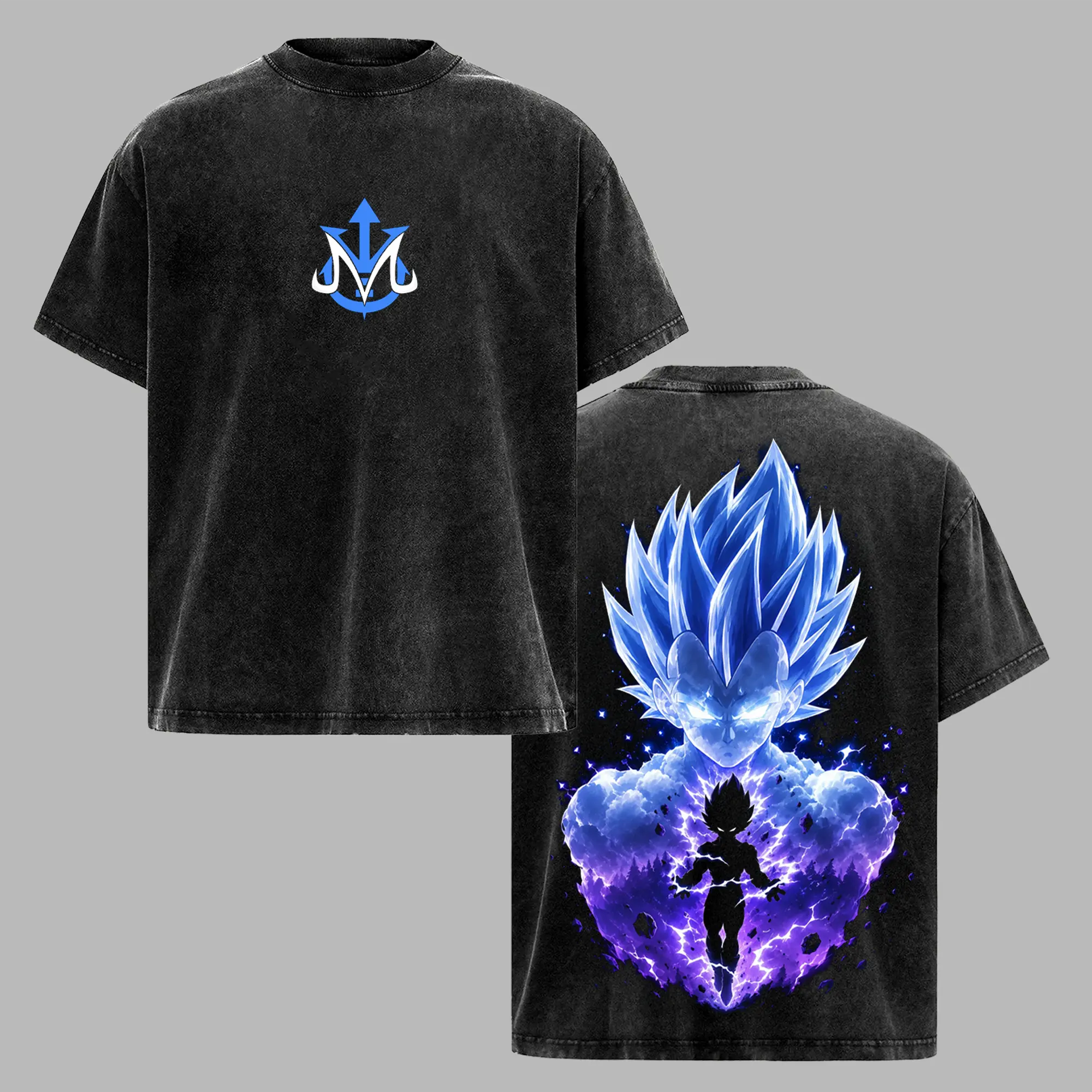 Blue Aura Anime Graphic Washed T-Shirt, Cosmic Warrior Oversized Tee, Black Vintage Streetwear Shirt, Unisex Manga Fan Top