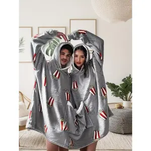 Plus Size Cuddle Up Romantic Couple's Flannel Pajamas with Popcorn & Candy Graphic Cozy Warm Long Sleeve Pullover Hoodie for Fall Winter Allseason Pajamas Playful Print Design Comfortable Fit Plus Size Pajamas Thick-n1 Cute Scarf Hat Set Womenswear