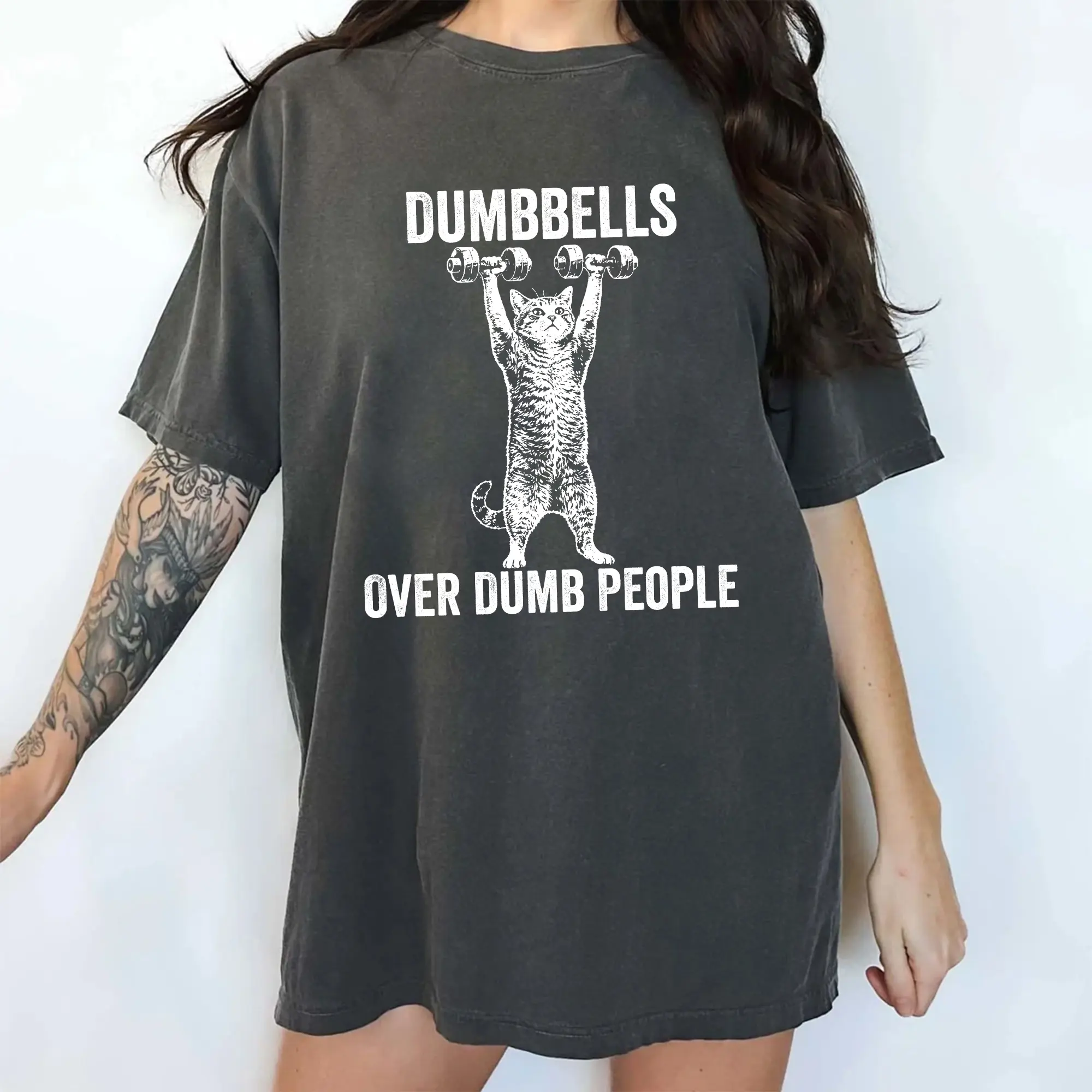 MAPTEES Women's Comfortable Oversized Printed Fabric Casual T-Shirt - Dumbbells Over Dumb People Graphic, Sarcastic Gym Workout Outfit