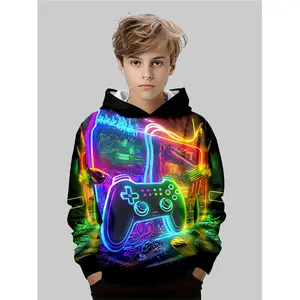 (New) Boys' Polyester Game Controller Print Graphic Hoodie - Colorful, Fitted Comfort, Ideal for Gaming Parties, 5-14 Years Kids' Gift