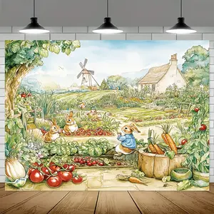 1pc Spring Backdrop Garden Cartoon Rabbit Design Polyester Material Durable Multipurpose Wall Decor for Photo Booth Studio Party