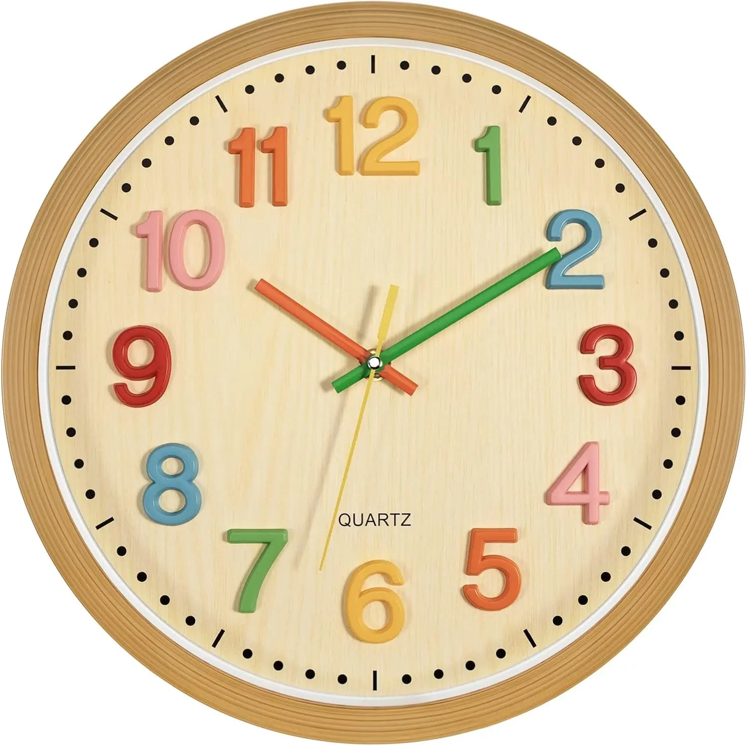 Silent Kids Wall Clock Non-Ticking Battery Operated Colorful Childrens Clock for Classroom Playroom Nursery Bedrooms Kids Room (3D Numbers, 12 inch)