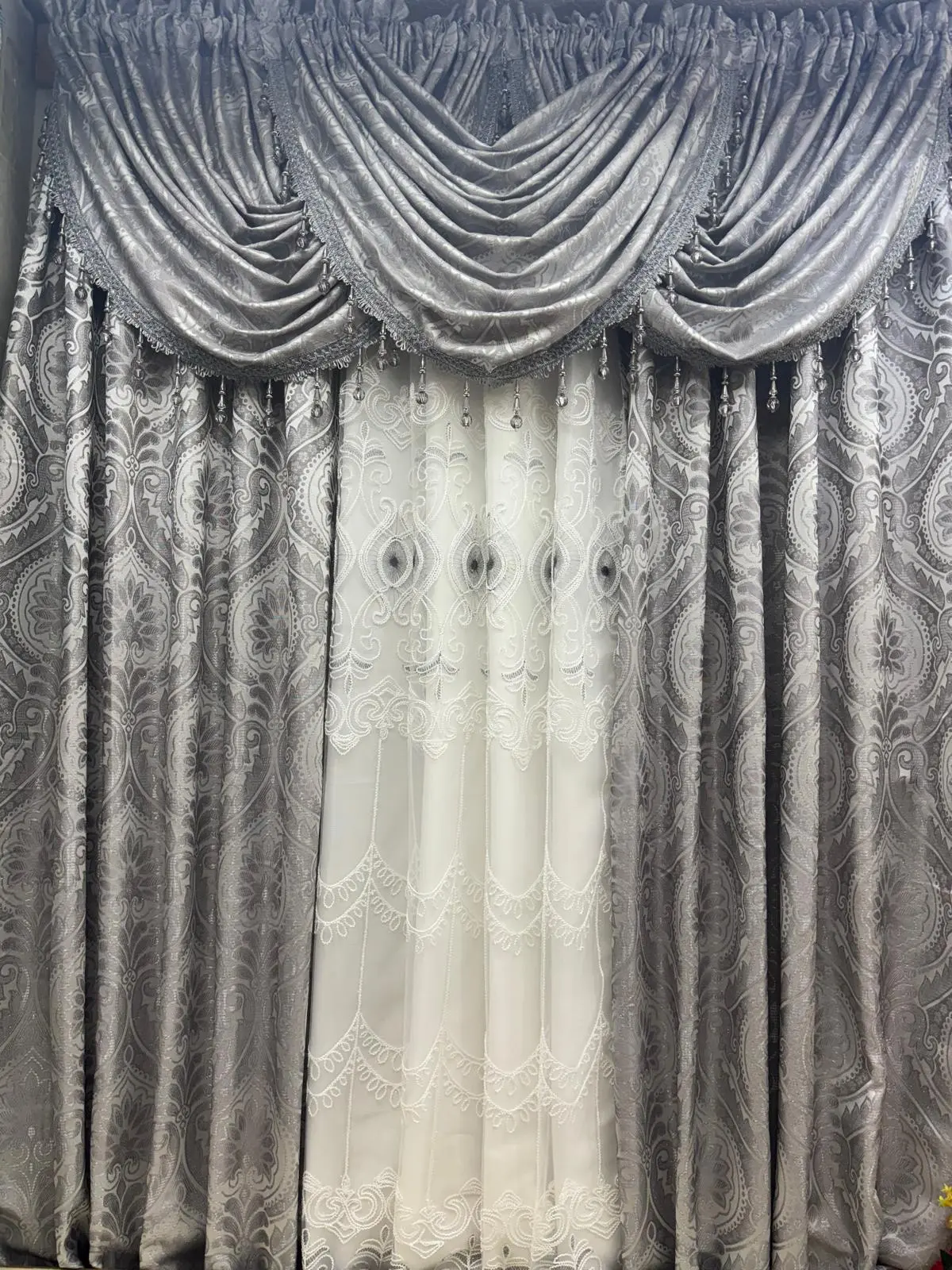 LIZET Silver 7 Piece Curtain Set | Jacquard Side Panels & Elizabeth Embroidered Curtain