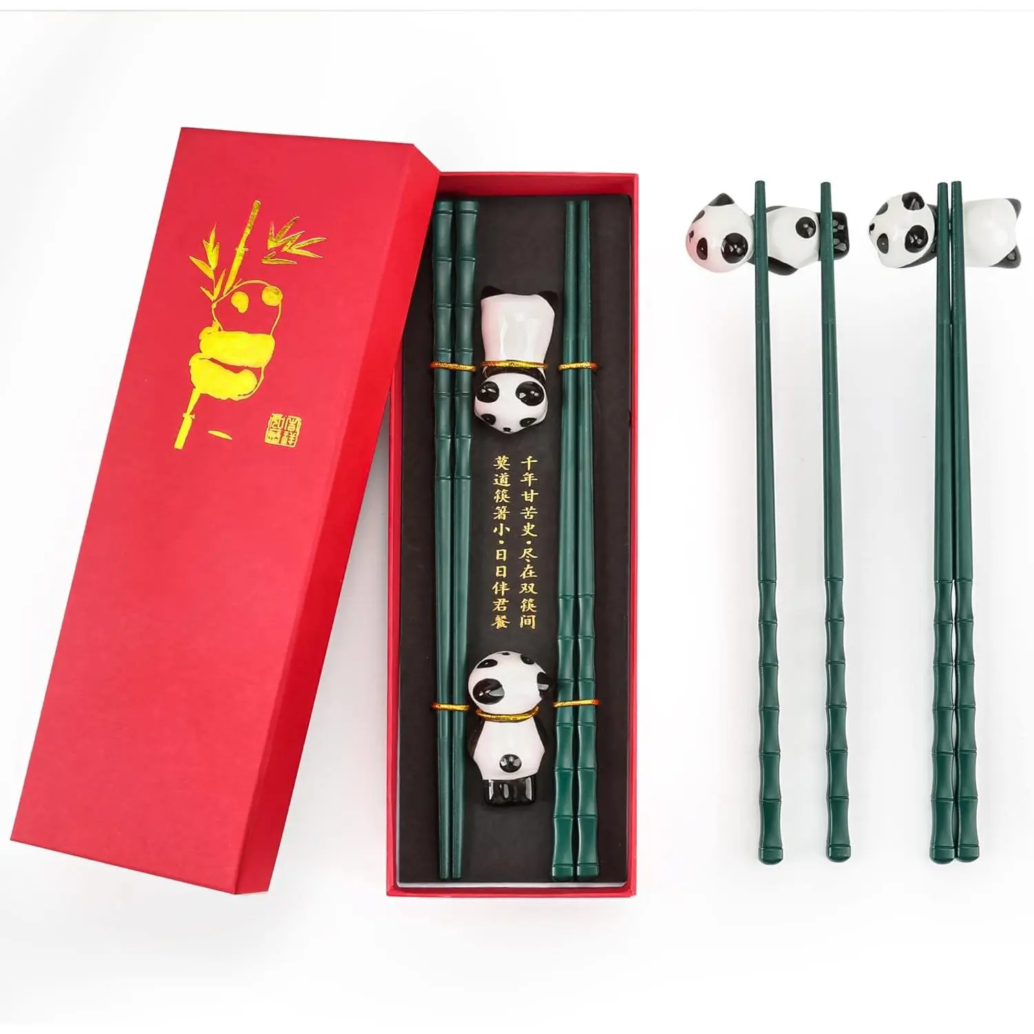 Non-slip Chopsticks and Chopstick Rest Gift Set  2 Pairs Reusable Panda with Red Case Dishwasher Safe Cute Holders for Thanksgiving Day Christmas(Green）
