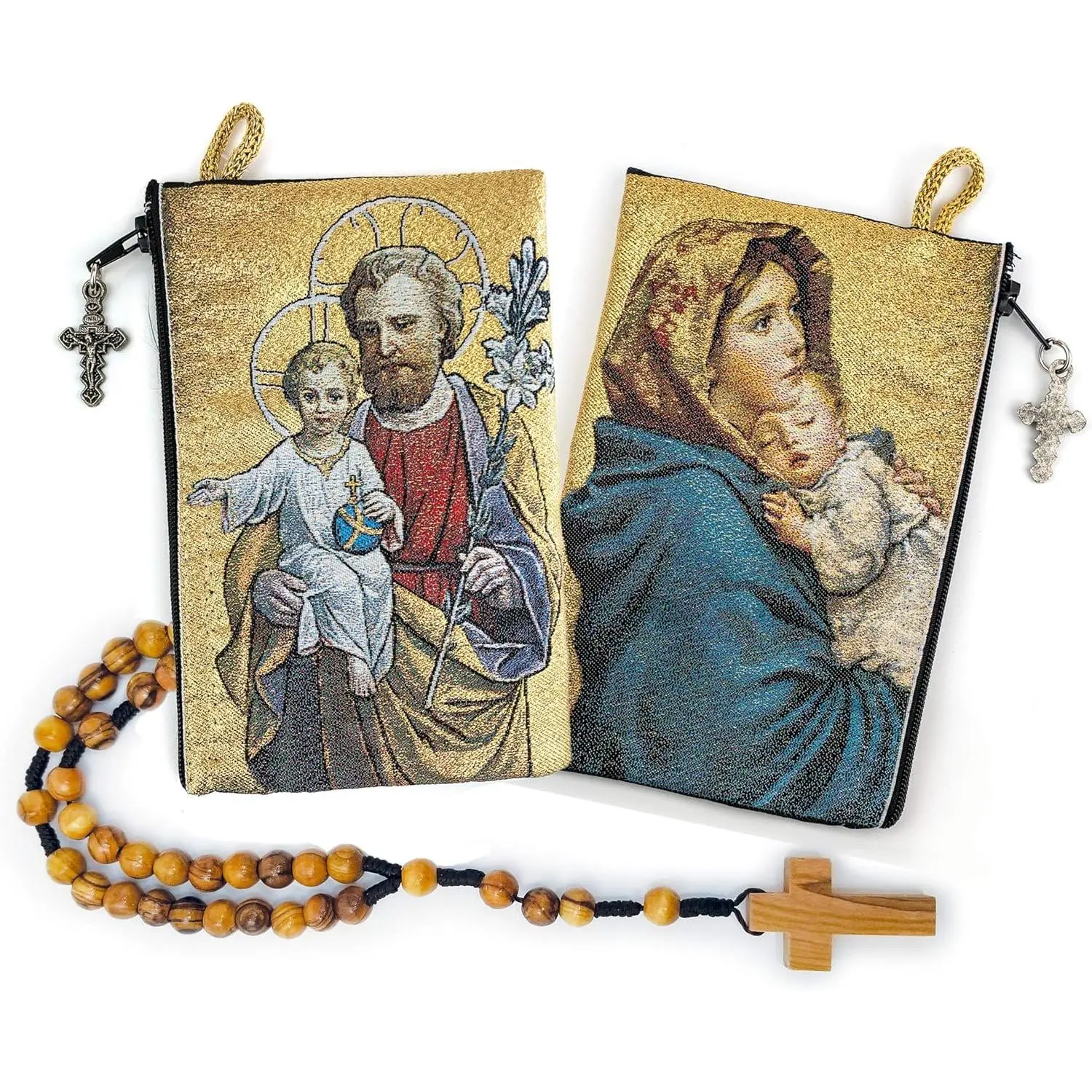 Rosary Pouch with Olive Wood Catholic Rope Rosary from Israel, Jesus King of the Universe & I Believe in God Prayer Woven Fabric Tapestry Style Icon Travel Bag, Religious Catholic Gift Set