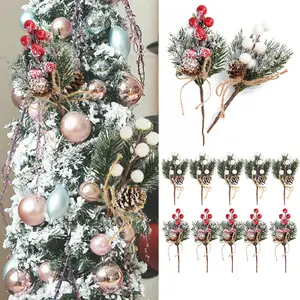5count Christmas Red Berry Articifial Flower Pine Cone Branch Christmas Tree Decorations Ornament Gift Packaging Home DIY Wreath