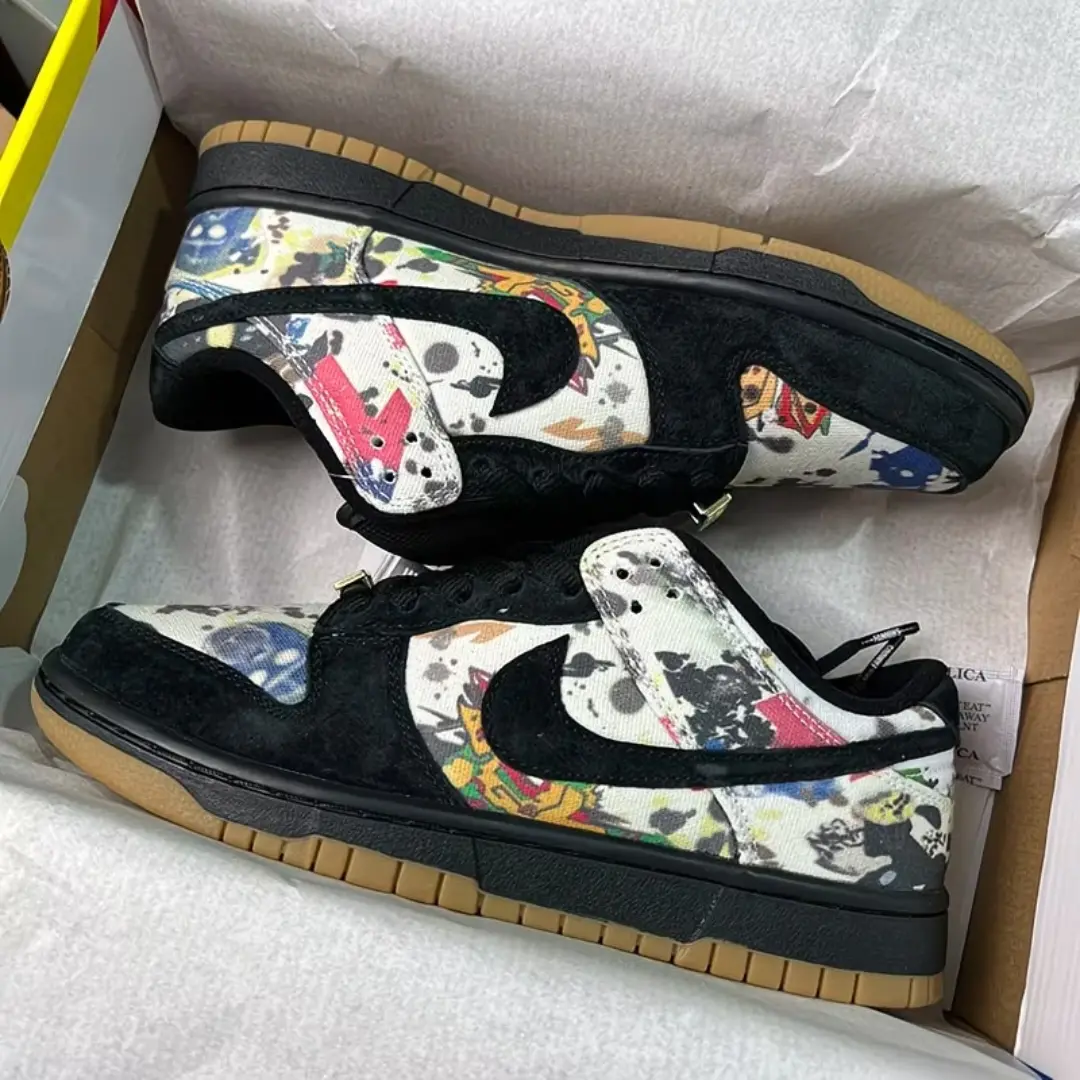Black‑Multicolor Splash‑Print Suede Low‑Top Sneakers Gum Rubber Sole Unisex Retro Street Trendy Skate Casual Shoes