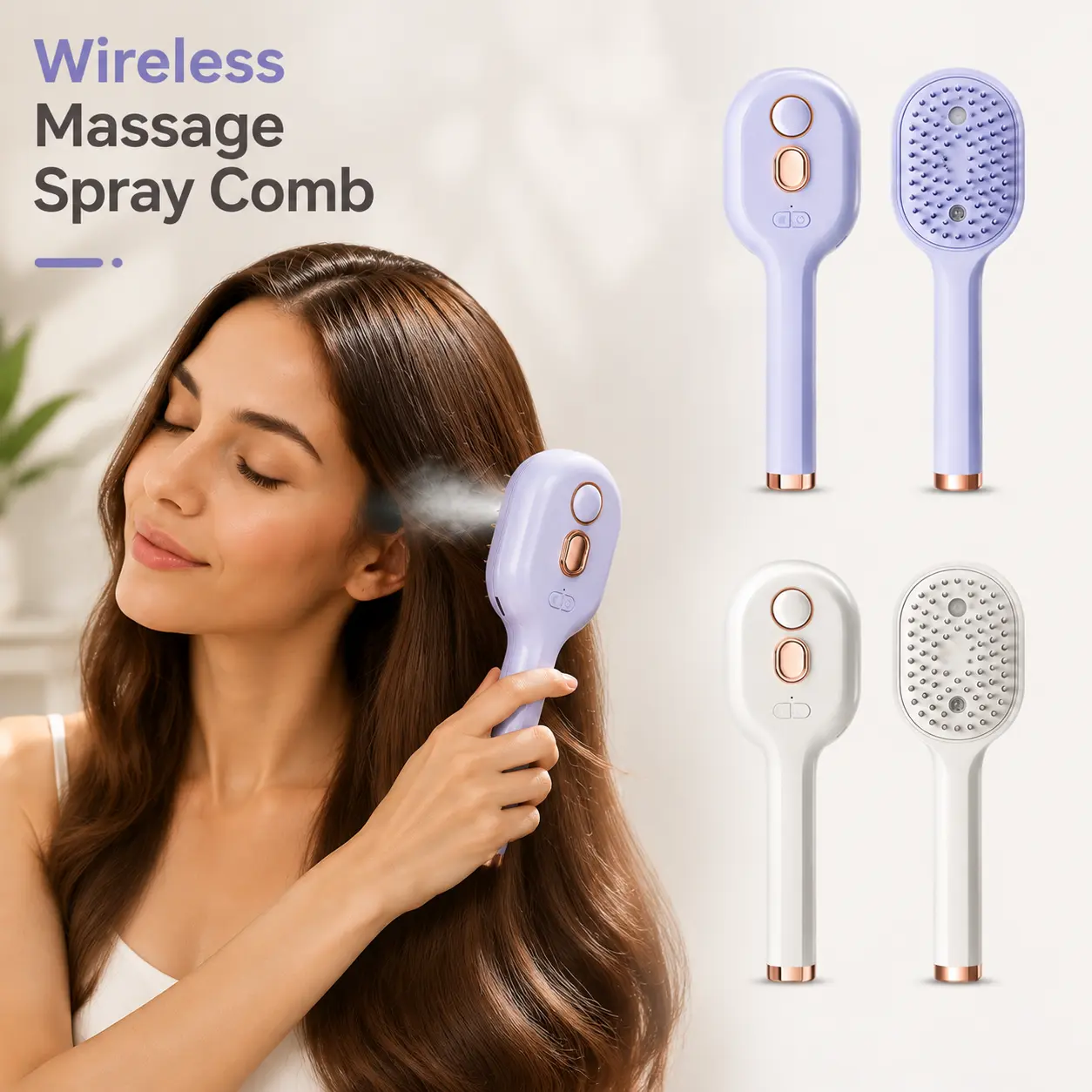 Portable electric hair-care essential oil spray comb with moisturizing mist; features an ergonomic, eco-friendly design; effectively controls frizz; suitable for travel, morning styling, and pet grooming; functions as a detangling and styling comb.