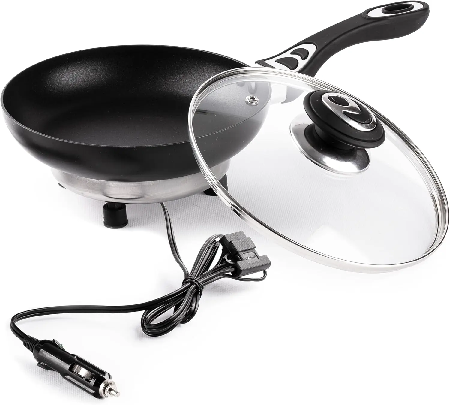 Zone Tech 12 Volt Frying Pan Portable Non Stick 7.5 Inch Pot with Glass Vented Lid and Stay Cool Handles perfect for camping picnincs and more