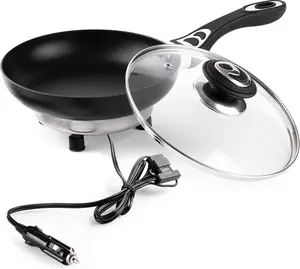 Zone Tech 12 Volt Frying Pan Portable Non Stick 7.5 Inch Pot with Glass Vented Lid and Stay Cool Handles perfect for camping picnincs and more