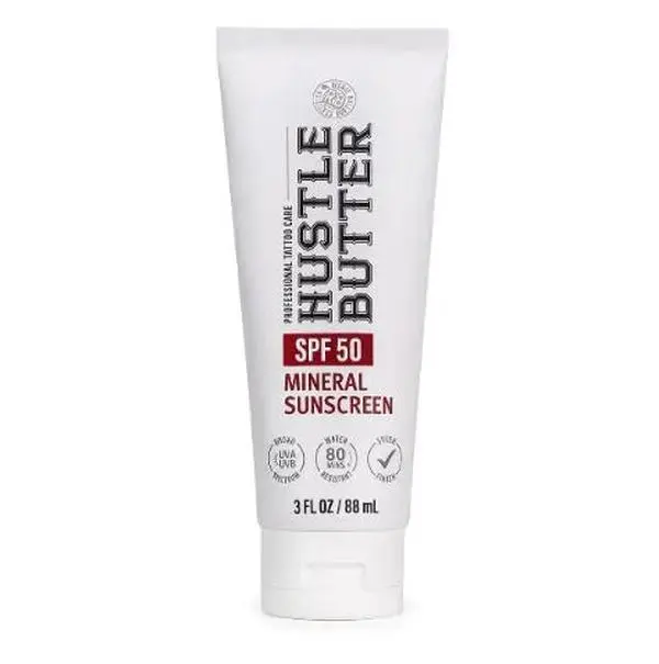 Hustle Butter Tattoo Sunscreen - Mineral Sunscreen Lotion, SPF 50, TSA-Friendly, Water Resistant, 3 oz