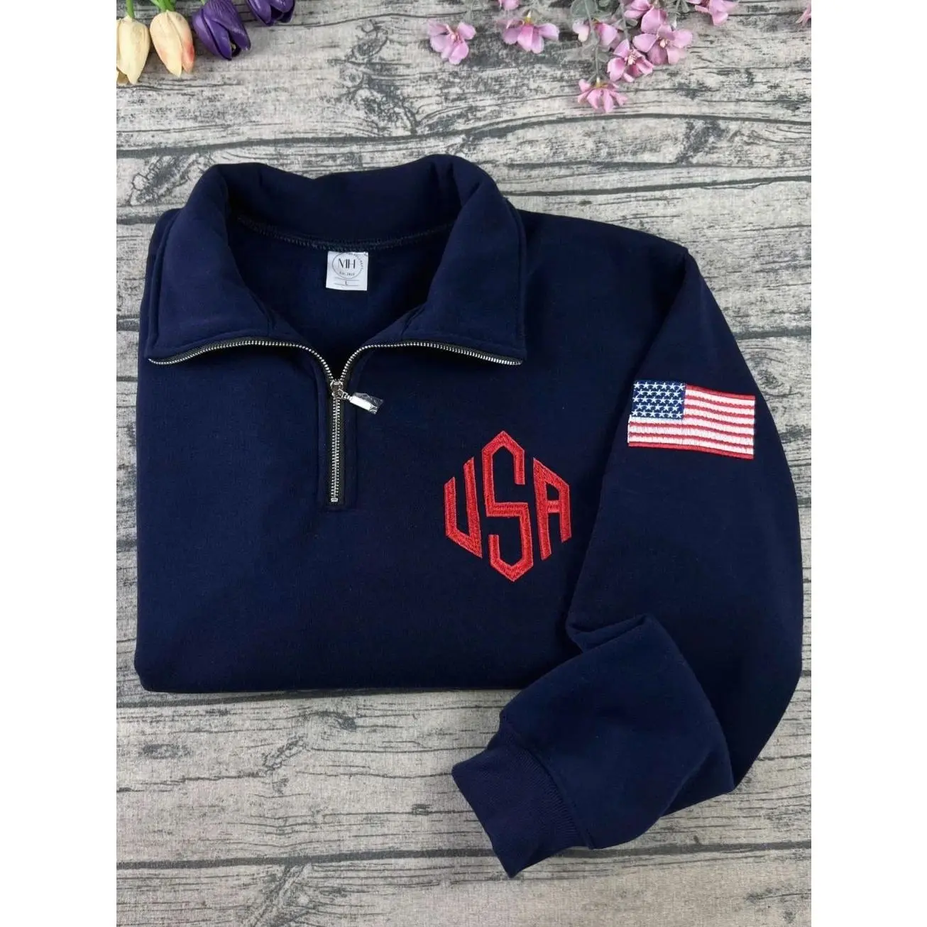 USA Embroidered Quarter Zip Sweatshirt, USA Flag Sleeve Design, USA Quarter Zip Embroidered Sweatshirt