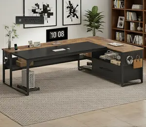 71" L Shaped Executive Desk, Reversible Computer Desk with Widen File Drawers & Power Outlets, Corner Desk with Storage Shelves, CPU Stand, Hooks for Home Office, Business Furniture (Brown)