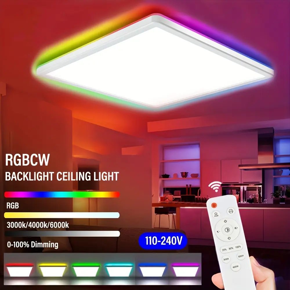 Adjustable RGB LED Square Ceiling Light, 24W Illuminating LED Multicolor Lamp with RGBCW Color Changing Backlight, Remote Control (No Batteries) Included, Dynamic Light Home Decoration Lamp for Bedroom, Living Room