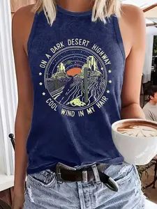 Vintage Desert Road Print Casual Round Neck Women's Fashion Tank Top, Casual Sleeveless Tops, Soft Elastic, Sleeveless, Fitted, Suitable for All Seasons, Womenswear