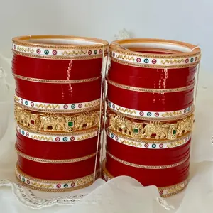 Indian Bridal Punjabi Bollywood Chooda Plastic Bangles Set with Gift Box Red Color Gold Elephant Design