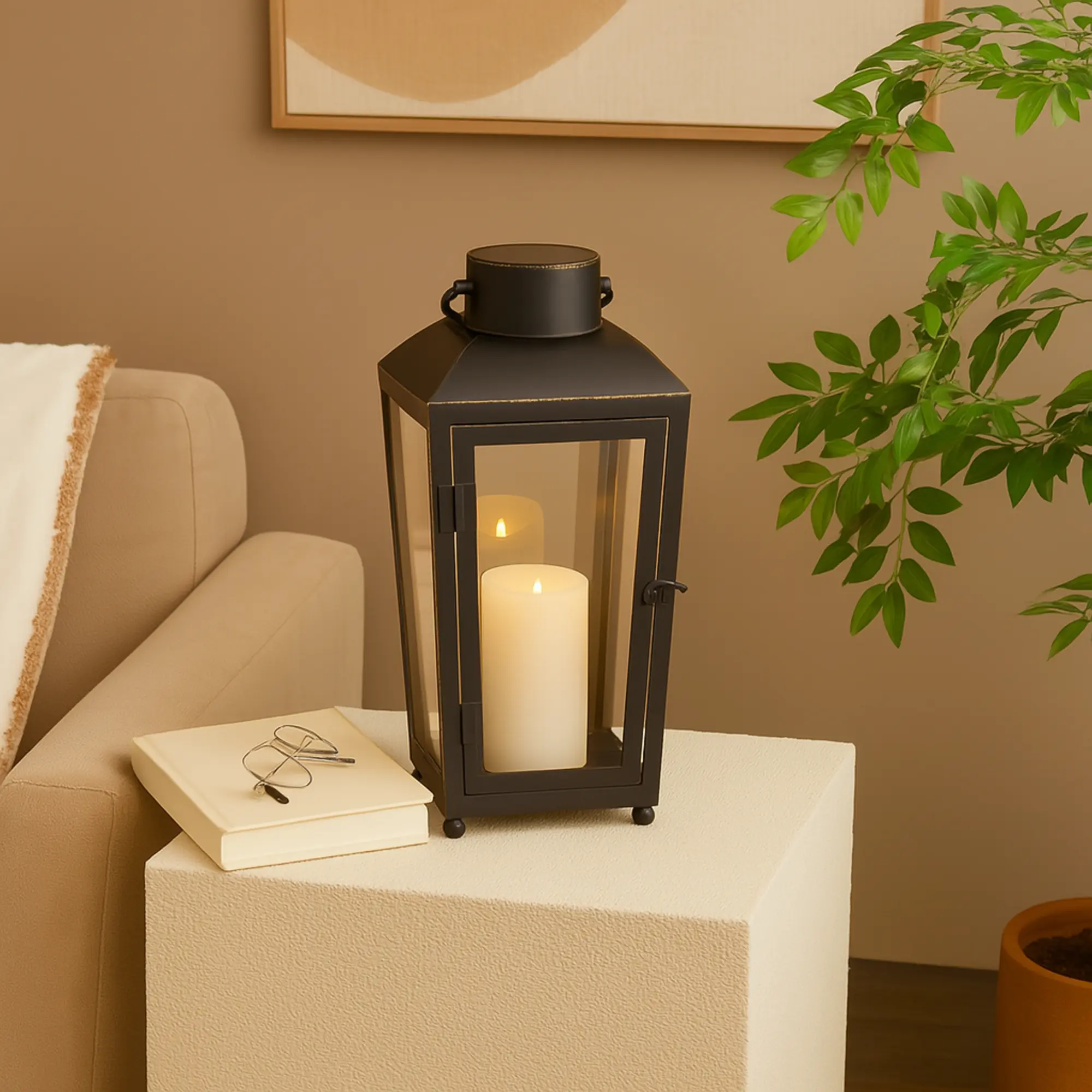 Black Metal Modern Indoor Outdoor Candle Lantern with Gold Accents