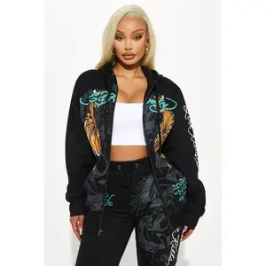 Ed Hardy Crawling Tigers Zip Front Hoodie - Black E