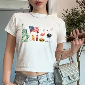 [ Sale Up To 40%] 4th of July Baby Tee Y2K Scrapbook Style Vintage Americana  USA Independence Day Baby Tee  4th of July Outfit Hotdog