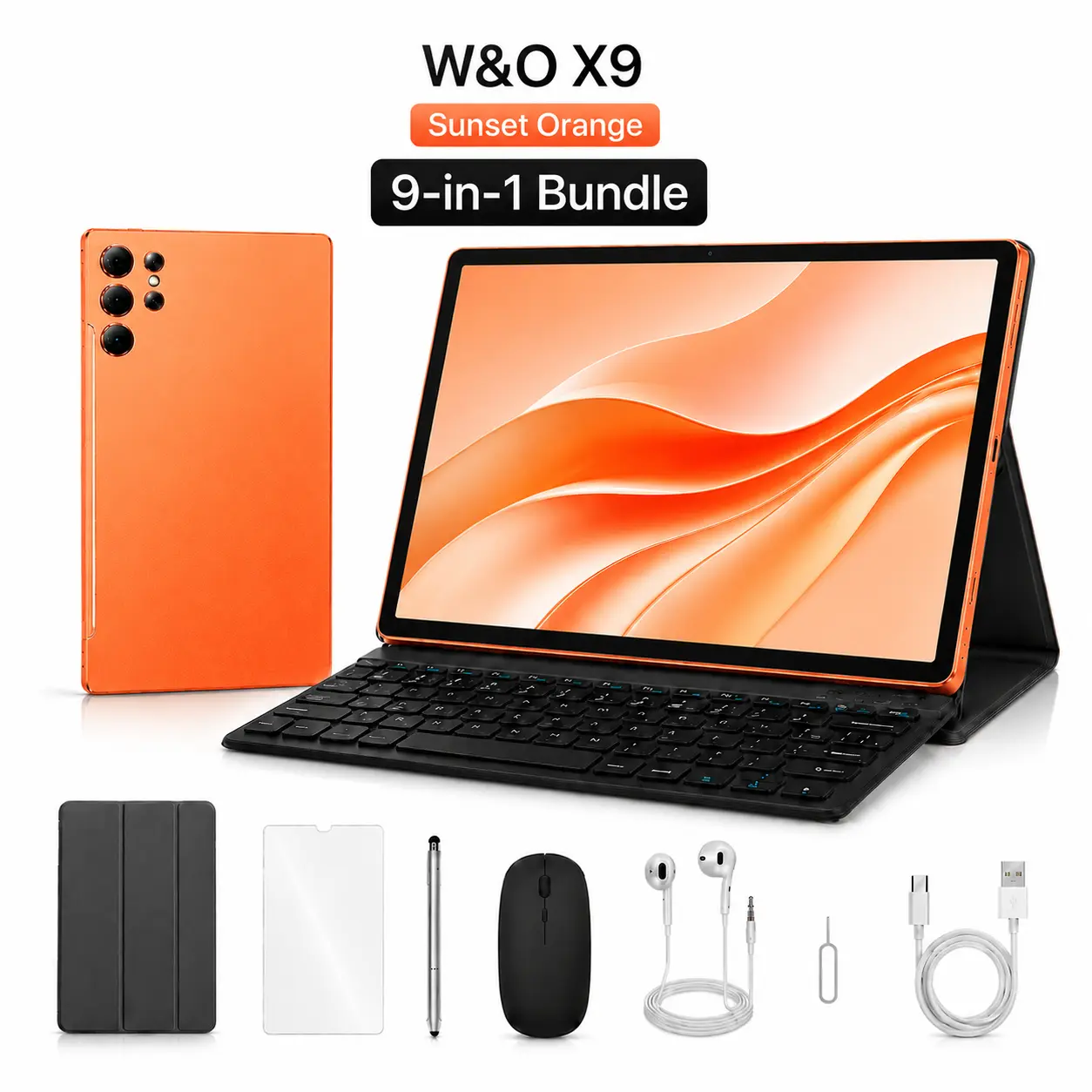 W&O X9 Android 15 Tablet, 10.1 Inch IPS Display, 8GB RAM 256GB ROM, 8000mAh Battery, Dual-Band WiFi, SIM + microSD Support, 9-in-1 Tablet Bundle with Keyboard, Mouse, Stylus & Case Bluetooth Birthday Camera Christmas Streaming Screen student tools