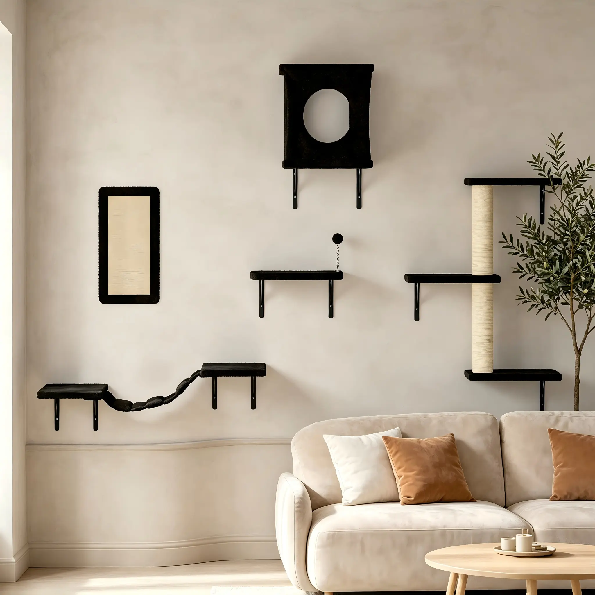 Bifanuo Cat Wall Shelves, 5Pc Wall-Mounted Cat Furniture, Cat Wall Shelves Cat Climber, Floating Cat Perch, Cat Bed, Bridge, Cat Tree, Cat House, Modern Cat Furniture, Cat Stuff Clearance, Christmas Gift for Kittens