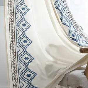 Boho Curtains Bohemian 84 inch Length 2 Panels Set, Western Blue Embroidered Curtain Drapes for Bedroom Living Room Closet