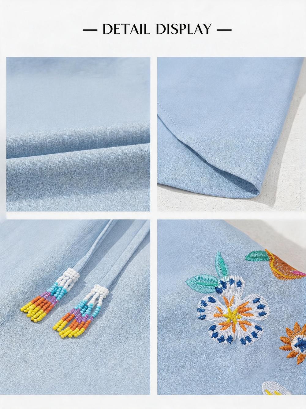 Women's Boho Floral Embroidered Blouse - Feminine V-Neck Tassel Tie Puff Short-Sleeves Crinkle Crepe Summer Shirt with Style Inspo