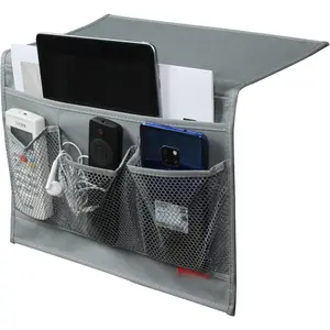 Bedside Storage Organizer with Pockets, Bedside Caddy, Table Cabinet Storage Organizer, TV Remote Control, Phones, Magazines, Tablets, Accessories, Grey