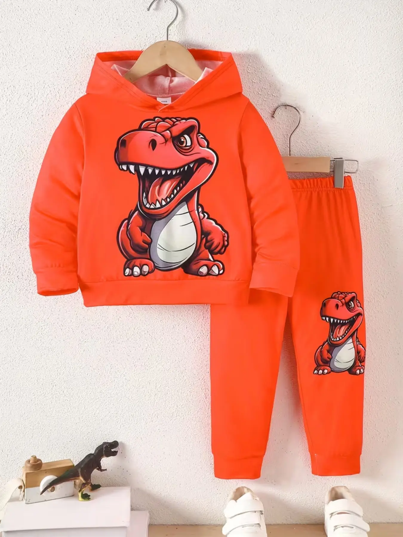 Boys' Spring Summer Dinosaur Print Hoodie Set, Cartoon