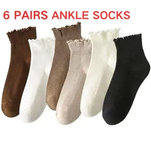 6 Pack Women’s Cotton Ankle / Crew Socks Ruffle Ribbed Casual Cute Soft Socks for Women Girls Spring Summer Daily Wear Frilly Breathable Socks Comfy Trim Flounce Lettuce Design Socks 6 Pairs of Solid Colors Knit Sock One Size 5-9
