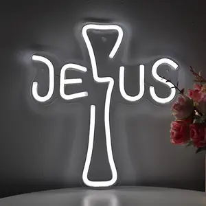 Jesus in Cross LED Neon Sign Light - Wall-Mounted Religious Wall with -Controlled Jesus & Cross, Plastic Church Decoration Suitable for Home Chapel, Prayer Room, Wedding, Baptism, Christmas, Easter Holiday Gift Indoor Decorative Light