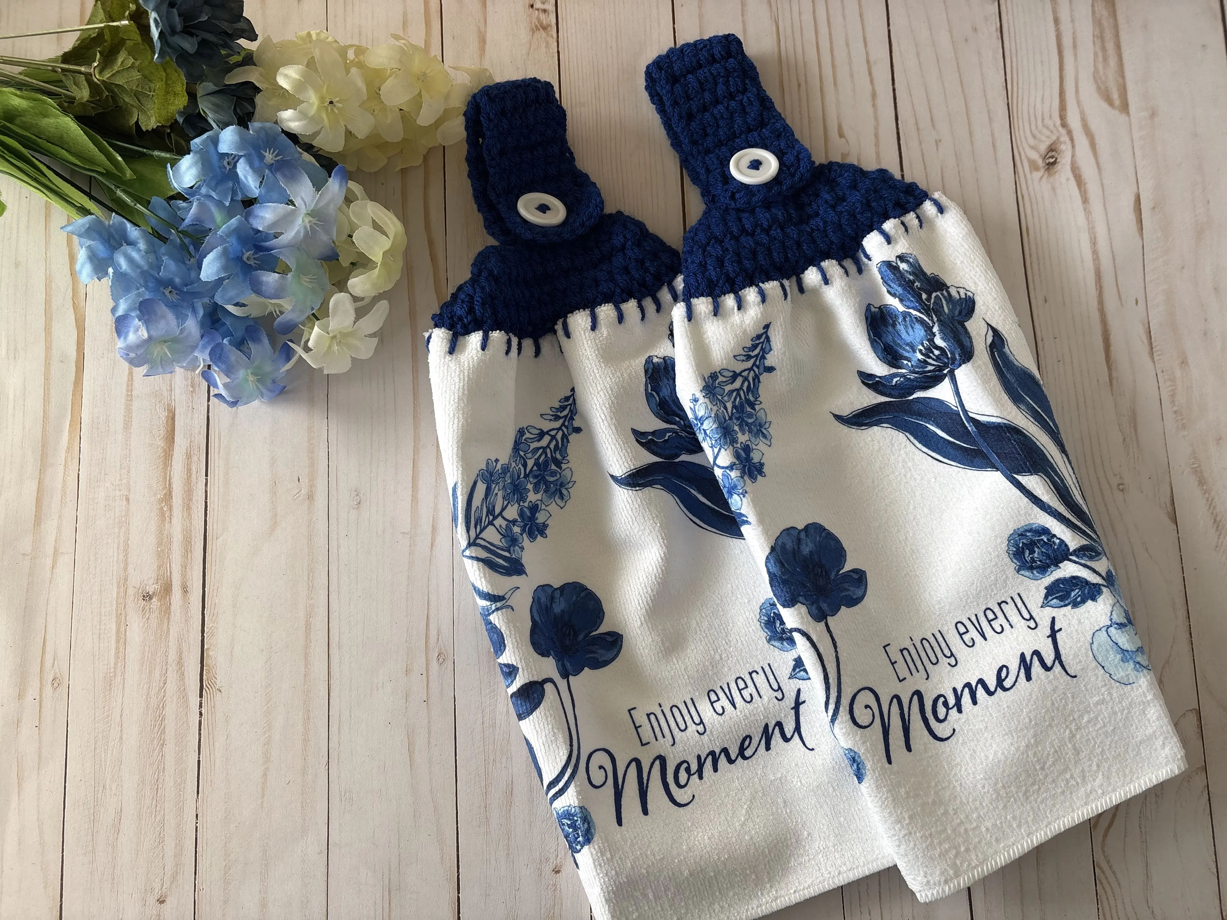 Blue Floral kitchen Crochet towels, Enjoy every Moment Kitchen Towels