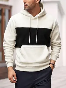 fall outfits, Men's autumn and winter thickened black Friday hit fleece hooded sweatshirt, color-blocking and patchwork design, kangaroo pocket drawstring, warm and casual, street pullover top, Colorblock Hoodie, Christmas and New Year