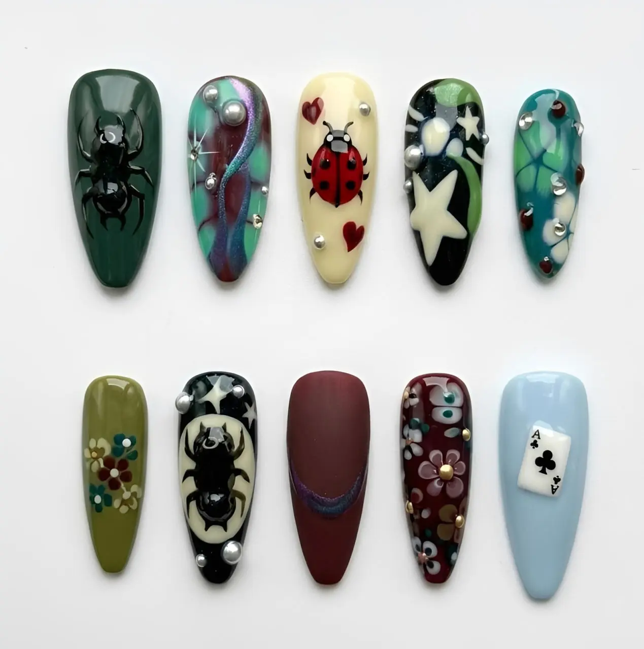 Dark Academia Beetle Press On Nails, 3D Ladybug Floral Star Nail Art, Forest Green Burgundy Abstract Nails, Vintage Bug Long Coffin Handmade Nail Set