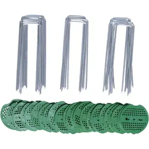 25 count 6 Inch 11 Gauge Galvanized Stainless Steel Garden Stakes Staples and 25 count Gasket,Lawn Landscape Staples Fabric Pins Heavy-Duty U Shape Sod Turf Pins for Weed Fabric Barrier,Groud Cover,Fence