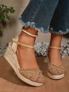Breathable Open Toe Fashion Trend Lightweight Jute Rope Wedge Heel Women's Shoes, Stylish Slip-On Casual Footwear for Daily Wear, Espadrille Platform Wedges, Wedge Sandal Shoes