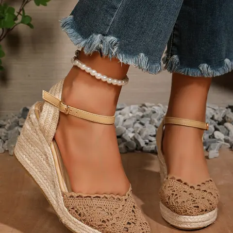 Breathable Open Toe Fashion Trend Lightweight Jute Rope Wedge Heel Women's Shoes, Stylish Slip-On Casual Footwear for Daily Wear, Espadrille Platform Wedges, Wedge Sandal Shoes, Fashionable Wedge Shoes