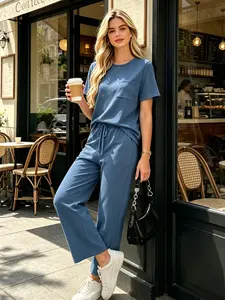 Minimalist Casual Sportswear Set, Multi-Color Options, Round-Neck Pocket T-Shirt + Drawstring Wide-Leg Pants, Suitable for Daily Commuting/At-Home Wear, Two-Piece Set