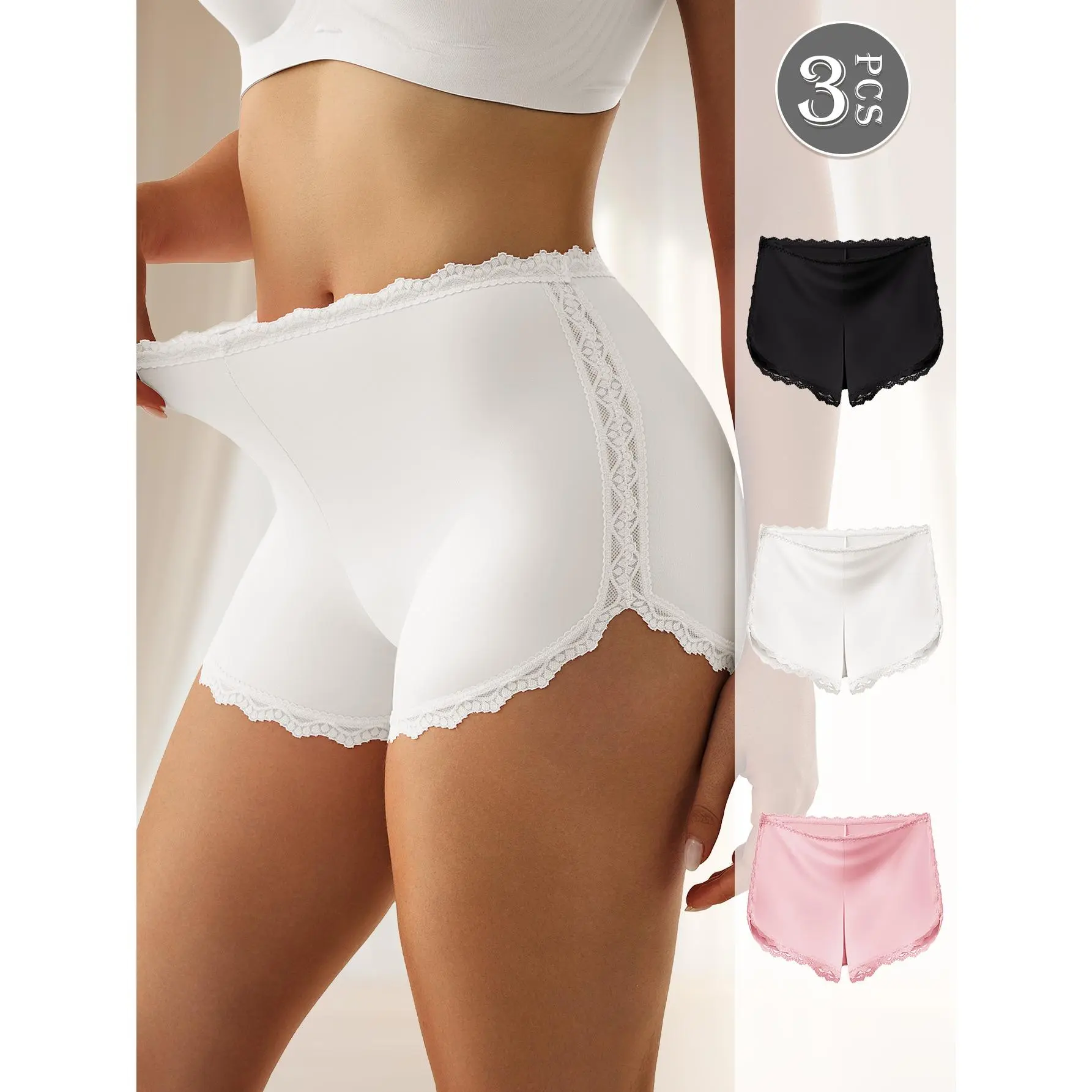 QUASTI 3/4/5 Pack Women's Ultra-Thin Milk Silk Safety Shorts, High Waist Lace Trim Boyshorts, Anti-Chafing Privacy Protection Underwear, S-XXL