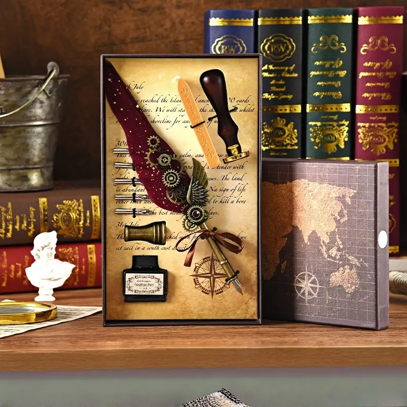 Vintage Feather Pen & Ink Set, Includes Pen, Wax Stick, Stamp Handle, Ink Bottle, Replacement Nibs, Perfect Holiday Gift